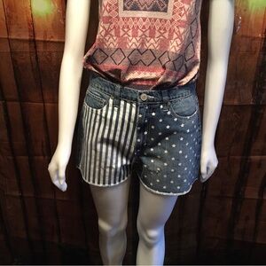 Blue and White Jean Shorts with Split Pattern